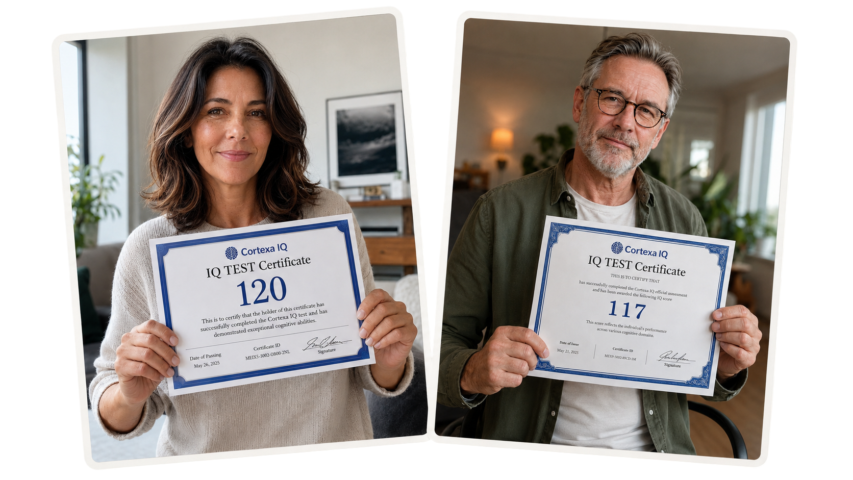 Two people holding IQ test certificates